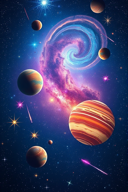 Create a vibrant digital illustration of a cosmic scene featuring colorful planets, swirling galaxies, and shooting stars on a deep blue starry background, captured with a Canon EOS R5, 24mm lens, f/8 aperture, ISO 100, and a wide-angle view to enhance the spatial depth and color saturation in a high-resolution style.
