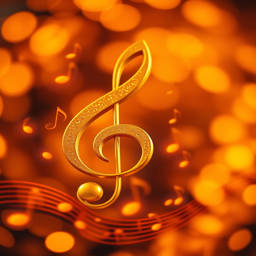 Create a vibrant abstract image featuring a large golden treble clef surrounded by musical notes, with a blurred bokeh background in warm tones of orange and gold, shot with a Canon EOS R5 at f/2.8, ISO 100, 50mm lens, in landscape orientation, using a shallow depth of field for a dreamy effect.