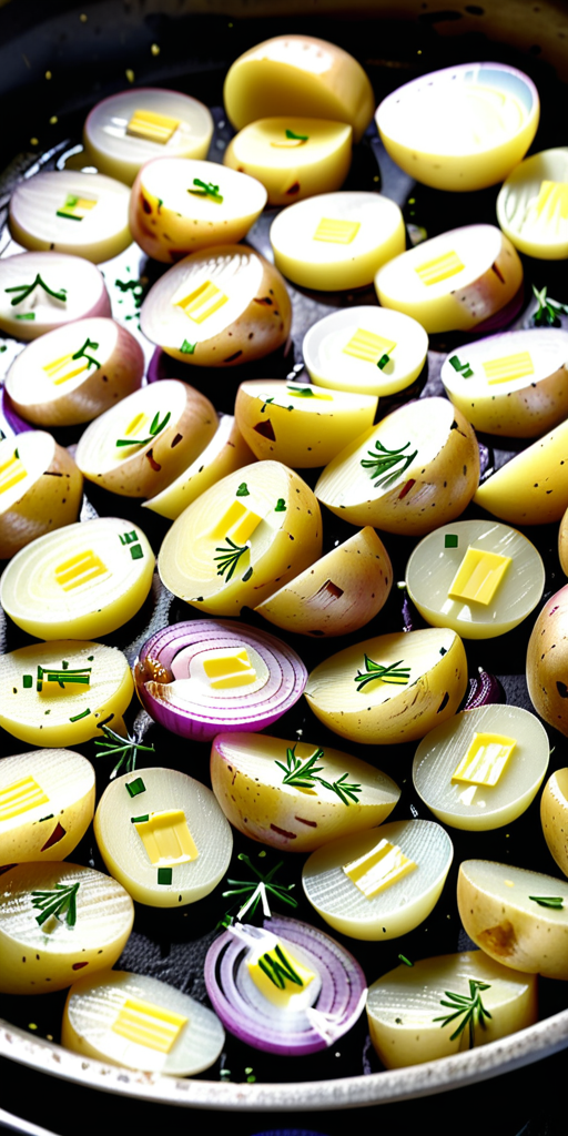sliced potatoes with onions and butter in oven
