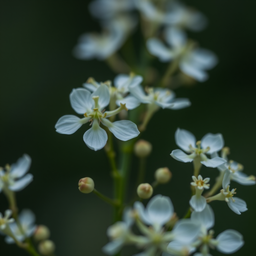 close-up of delicate white flowers with a dark blurred background, ISO 200, f/2.8, 1/125s, 50mm lens, macro photography style, DSLR camera