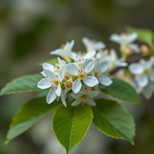 macro shot of white flowers on a branch with green leaves blurred background f/2.8 1/200s ISO 100 50mm lens natural light