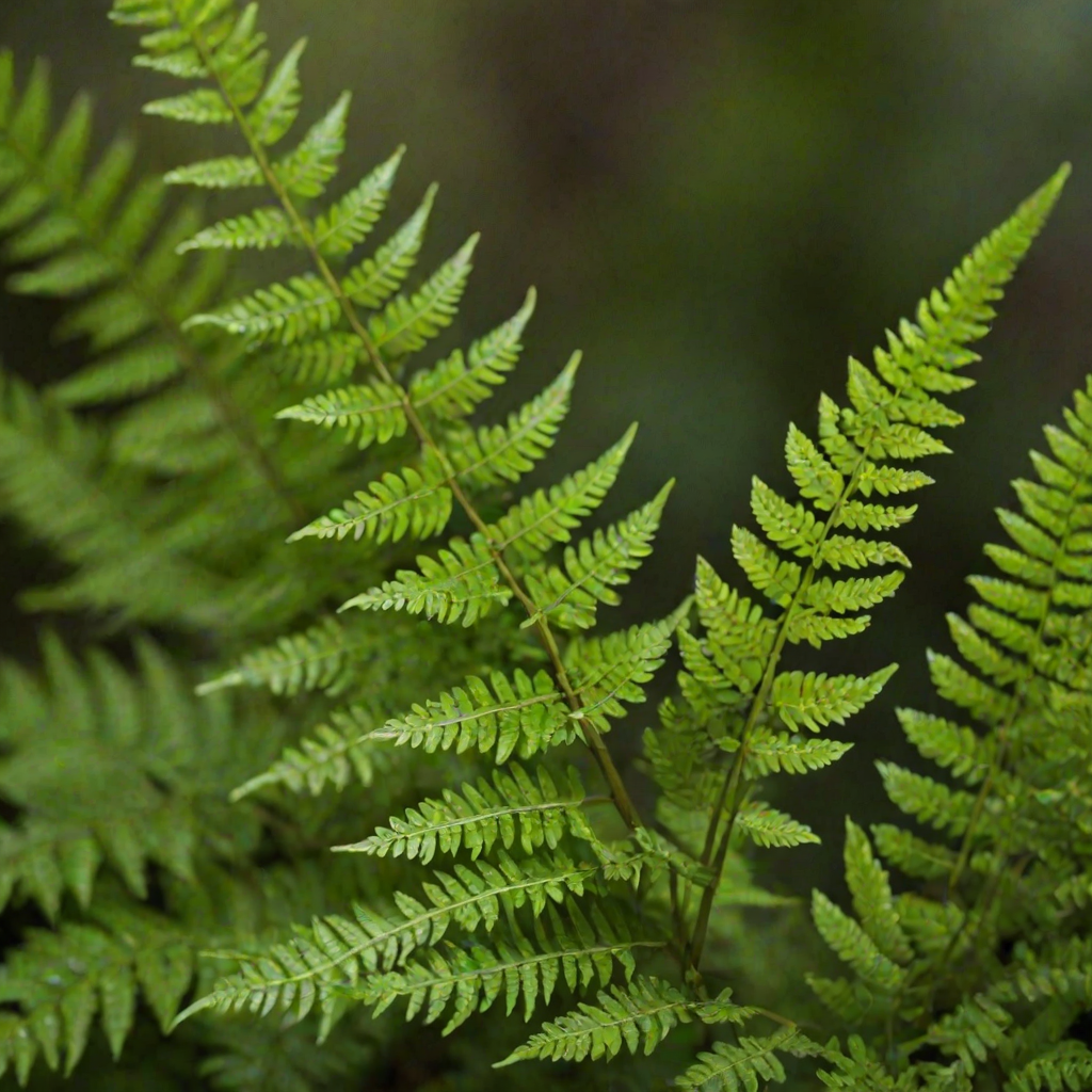 macro shot of green fern leaves with a blurred background, ISO 200, f/2.8, 1/100 sec, natural lighting, DSLR camera, shallow depth of field