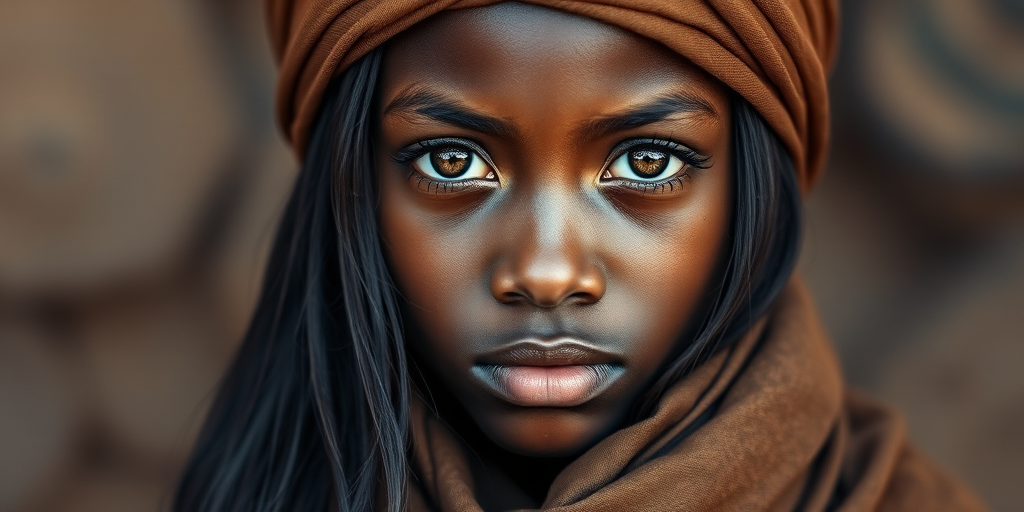 Create a portrait of a young Zulu female with long, dark hair and captivating hazel eyes. She is wearing a brown headscarf and a matching scarf draped gracefully around her neck. The background is softly blurred, focusing attention on her serene and natural expression. The overall color palette is muted and warm, enhancing the intimate and authentic feel of the portrait.