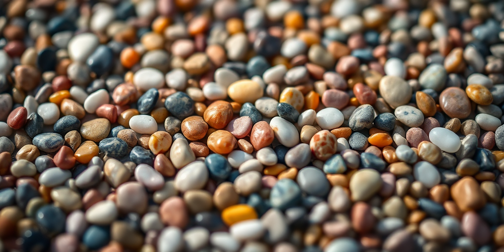smooth, colorful pebbles in a variety of shapes and sizes scattered on a surface, shallow depth of field, soft natural lighting, macro lens, f/2.8 aperture, ISO 100, 35mm lens, taken from above, high resolution, enhance color saturation and contrast