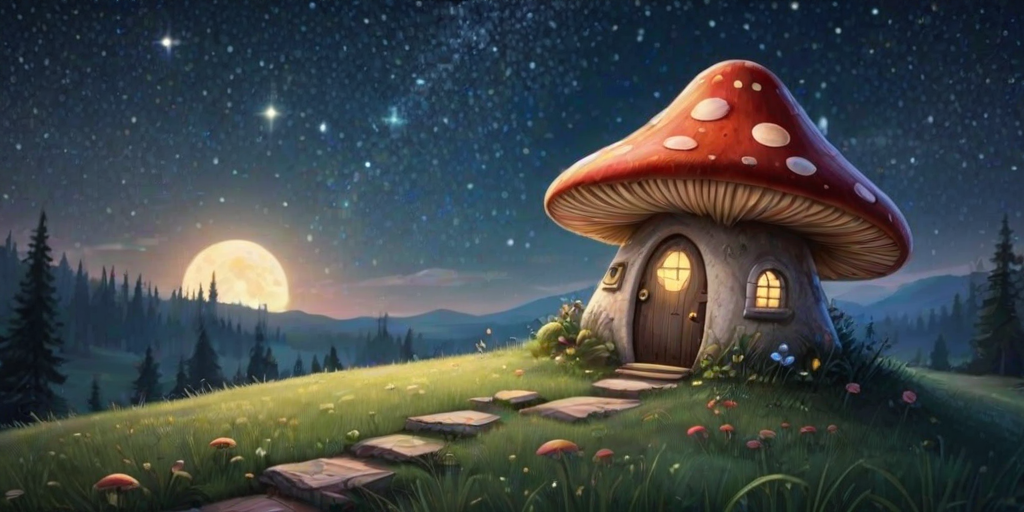imagine illustration of a mushroom house with a door and a window, a storybook , fantasy art, mushroom house, bg starry sky, sparkles