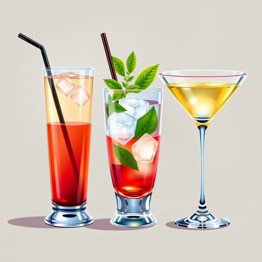 Create a vibrant illustration of three cocktails: a tall drink with a straw, a short glass with mint leaves and ice, and a classic martini, using a high-resolution digital drawing style, captured from a slightly elevated angle with a soft focus background, and utilizing a graphic tablet for precise details.