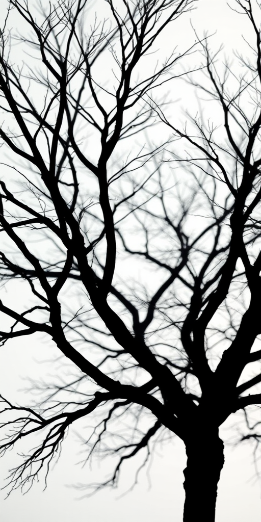 Generate a high-resolution image of a minimalist black silhouette of a tree with intricate branches, taken with a Canon EOS R5, 50mm lens, f/1.8 aperture, ISO 100, in natural lighting, with a shallow depth of field to enhance detail and create a soft background blur.
