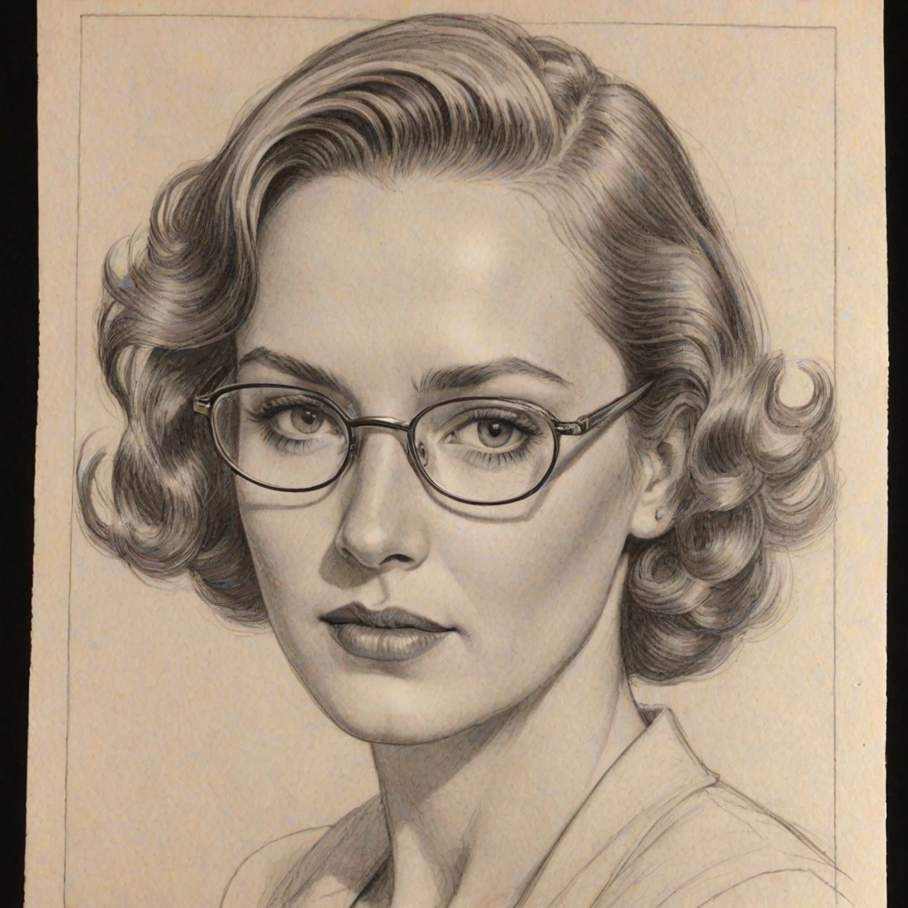 Beauteous Laura Innes, pencil sketch, portrait of Stunning woman 1937s in glasses, hair style beatnik, outline, clear lines, fine lines, 8k
