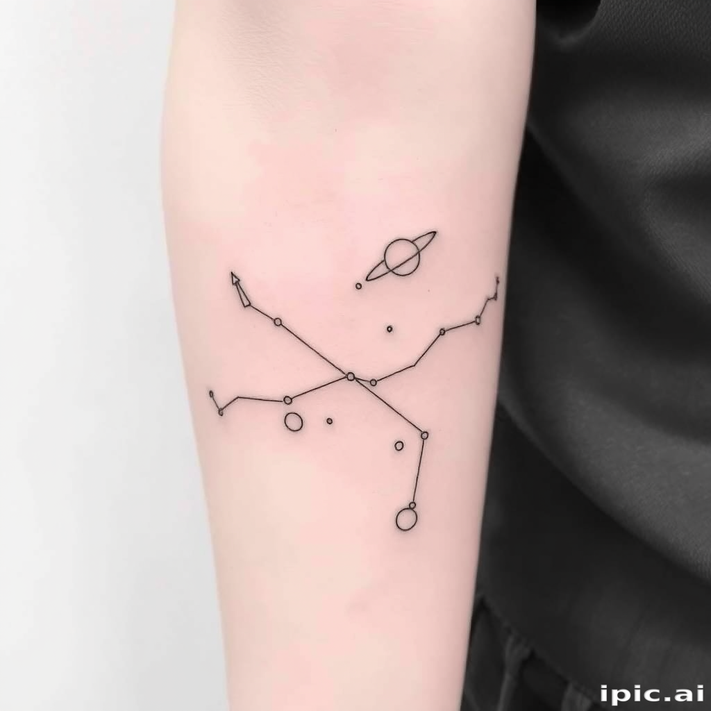 Minimalist single-line tattoo dubbed "Cosmic Connection" portraying constellations and celestial bodies linked by a continuous flowing line in subtle white ink