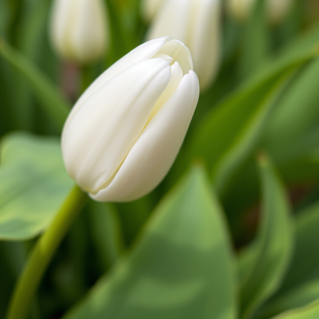 Close-up of a white tulip with soft, blurred green leaves in the background, captured with a DSLR camera, 50mm lens, aperture f/2.8, shutter speed 1/100, ISO 100, natural light.