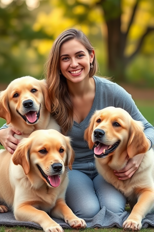 Generate an image of a young woman sitting outdoors with three golden retrievers, capturing a warm and joyful interaction, using a Canon EOS R5 camera, 50mm lens, f/1.8 aperture, 1/200 sec shutter speed, and a natural light setting for a soft focus background.