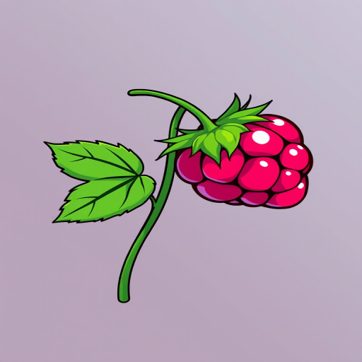 create a colorful cartoon illustration of a raspberry with a green stem and leaves on a transparent background
