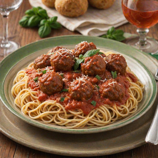 Create an image of a classic spaghetti and meatballs dish served on a plate with a green checkered rim. Show the spaghetti drenched in marinara sauce, topped with several meatballs and a sprinkle of grated cheese. Include a fork twirling some spaghetti from the plate, with a simple table setting in the background.