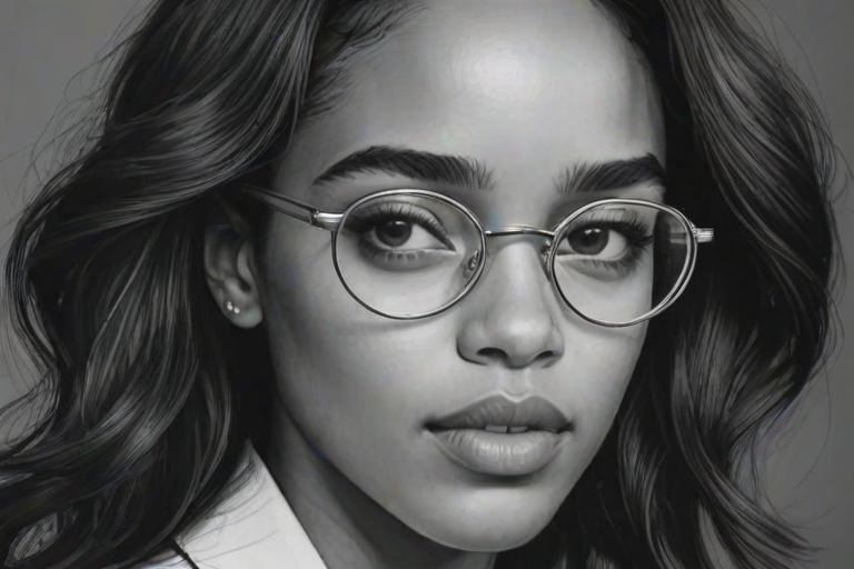 Ravishing Laura Harrier, pencil sketch, portrait of Sublime woman 1965s in glasses, hair style beatnik, outline, clear lines, fine lines, 8k