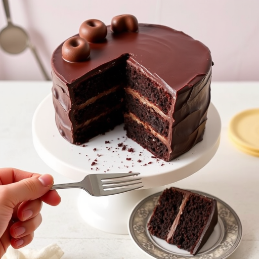 A delicious chocolate cake on a white pedestal with a slice removed, revealing rich layers, a hand holding a fork ready to take a bite, the slice on a decorative plate with intricate patterns, a soft background with kitchen utensils.