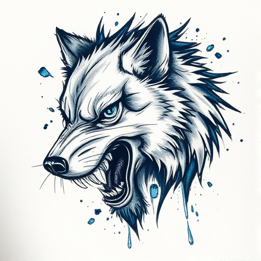 Dramatic "Sketch Style Wolf" tattoo brings a fierce predator to life through bold, expressive linework. Raw, unfinished edges and dynamic shading create a sense of movement and energy, while splashes of deep blue and silver add a touch of mystery. This powerful and artistic piece showcases the beauty of imperfection and the raw essence of nature.