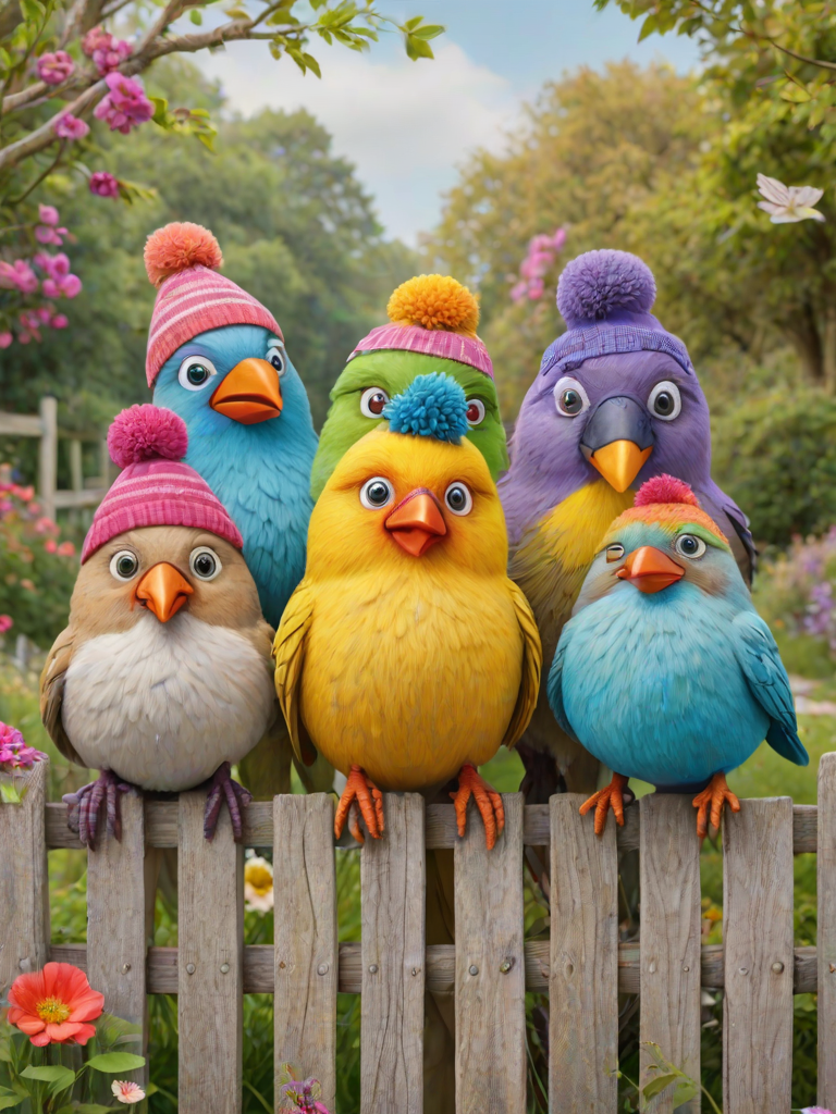 create a scene of 4 quirky  whimsical colourful comical birds each with a funny expression. they are sat on a wooden fence with colourful flowers. they are all different sizes. each one is a different colour  one is wearing a woolly hat. Each one has a different quirky google expression and there is a muted background of trees watercolour paintierly style high definition 8k resolution 3D paper mache