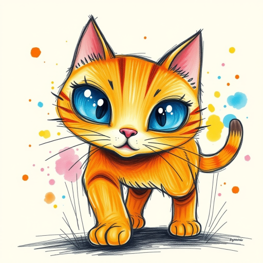 A vibrant childs coloured pencil drawn illustration of a bright orange cat with large, expressive blue eyes, a very cute style. The cat appears to be walking towards the viewer, surrounded by an abstract splash of colors and fine black lines, giving the image a dynamic and artistic flair. The background is a soft beige, highlighting the cat's vivid coloration and playful demeanor. Naively drawn scratchy line style.