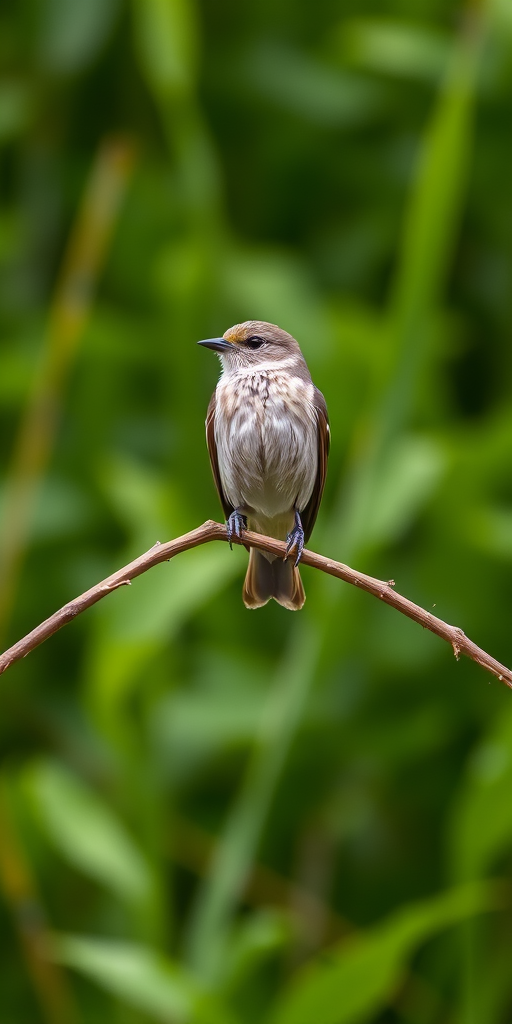A clear shot of a bird perched on a stick against a lush green background, taken with a DSLR camera, aperture f/2.8, ISO 200, shutter speed 1/500s, 85mm lens in natural lighting for enhanced detail.