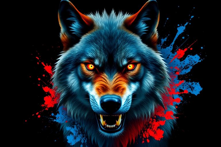 Create a vibrant digital painting of a fierce wolf with glowing orange eyes against a black background, showcasing dynamic splashes of red and blue paint, shot in high resolution with a 50mm lens, f/1.8 aperture, ISO 100, using a DSLR camera for enhanced clarity and detail.