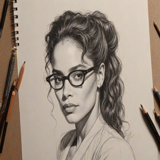 Dazzling Lisa Bonet, pencil sketch, portrait of Elegant woman 1944s in glasses, hair style beatnik, outline, clear lines, fine lines, 8k