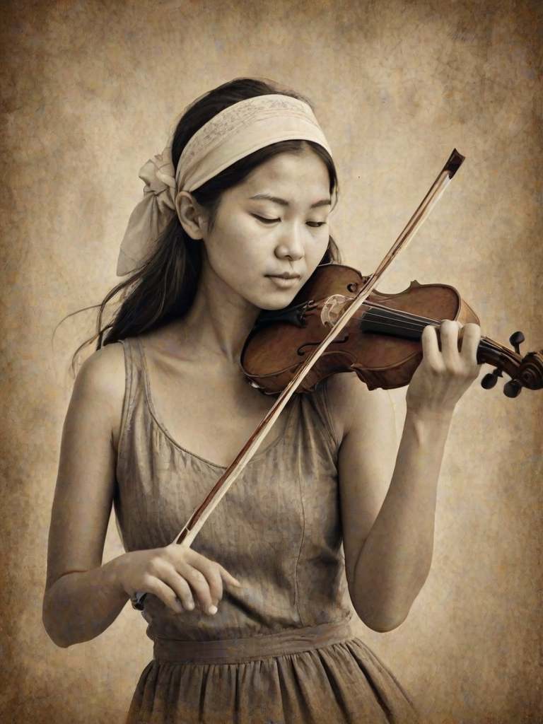a young Kyrgyz woman with a white headband playing a violin, in the style of a charcoal drawing, sepia grunge background
