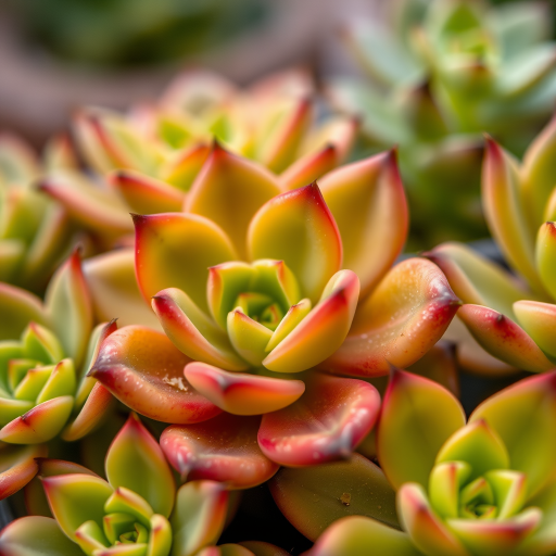 Close-up shot of succulent plants with varying shades of green and red, soft-focus background, natural lighting, aperture f/2.8, shutter speed 1/125s, ISO 200, macro lens, DSLR camera.