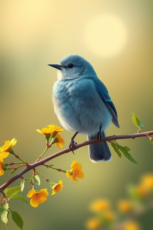 Create a detailed illustration of a small blue bird perched on a branch with yellow flowers and green leaves, with a soft gradient background featuring a subtle sun, using a Canon EOS R5 camera, at f/4 aperture, 50mm lens, and soft natural lighting to enhance color and detail.