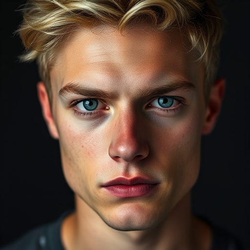 Capture a close-up portrait of a young man with striking features and blonde hair, using a Canon EOS R5 camera, 85mm lens, f/1.4 aperture, 1/125 sec shutter speed, ISO 100, soft diffused lighting with a dark gradient background for dramatic effect.