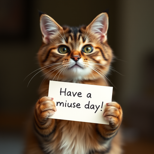 cat holding a note which says "Have a mice day!"