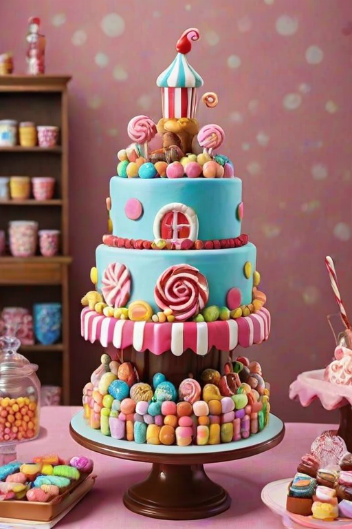 Create a whimsical cake design that resembles a candy shop. The cake should feature a detailed miniature scene with a cheerful baker in a chef's hat, surrounded by colorful candies, chocolate treats, and jars filled with sweets. The interior should include shelves lined with various confections, and the cake's exterior should be adorned with vibrant candies and decorative elements that enhance the candy shop theme.