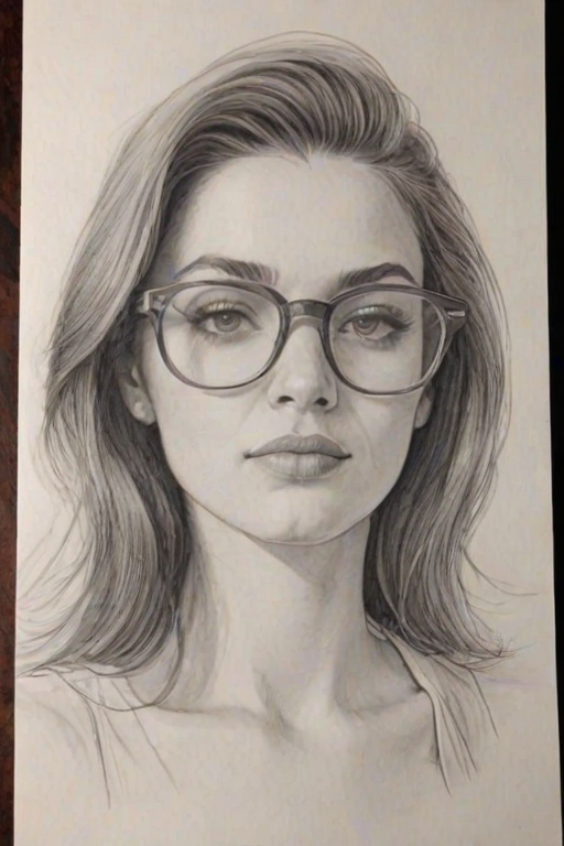 Sublime Ashley Marie, pencil sketch, portrait of Comely woman 1978s in glasses, hair style beatnik, outline, clear lines, fine lines, 8k