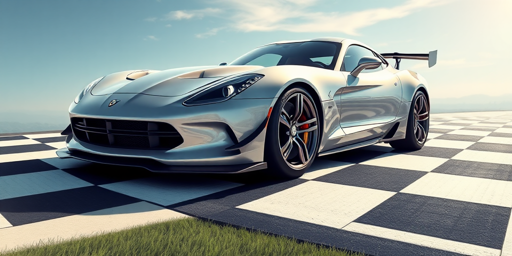 Create a high-resolution illustration of a silver sports car parked on a checkered racing flag, using a wide-angle lens at f/8 aperture, ISO 100, and a 50mm focal length, with a vibrant color palette and dynamic lighting for a polished look.