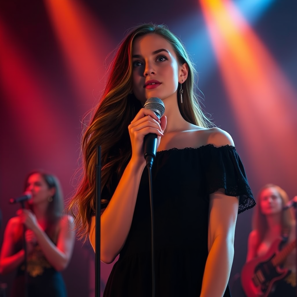 A young woman with long, flowing brown hair is standing in the center of the frame, holding a microphone in her right hand, and looking slightly off to the right side of the frame. She is wearing a black, off-the-shoulder dress with delicate lace detailing. The lighting is warm and dramatic, creating a spotlight effect on the singer. There are other figures in the background, blurred and out of focus, suggesting a concert or performance setting. The camera angle is low, capturing the woman from the waist up. The overall atmosphere is intimate and captivating.