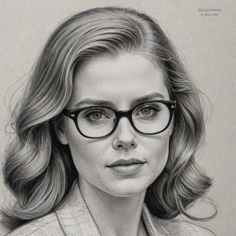 Beauteous Amy Adams, pencil sketch, portrait of Dazzling woman 1959s in glasses, hair style beatnik, outline, clear lines, fine lines, 8k