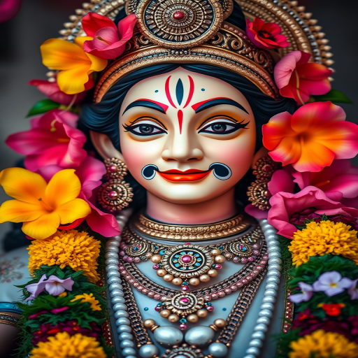 A highly detailed portrait of Lord Vishnu adorned with vibrant flowers and intricate jewelry, shot with a DSLR camera at f/1.8 aperture, ISO 100, 50mm lens, soft natural lighting, and a shallow depth of field for enhanced image quality.