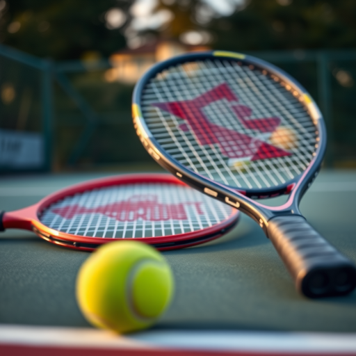 Generate a high-resolution image of a close-up shot of a tennis ball and rackets on a tennis court, with a shallow depth of field, taken with a Canon EOS R5 at f/2.8, 1/1000s shutter speed, ISO 100, natural lighting during golden hour for enhanced color vibrancy and detail.