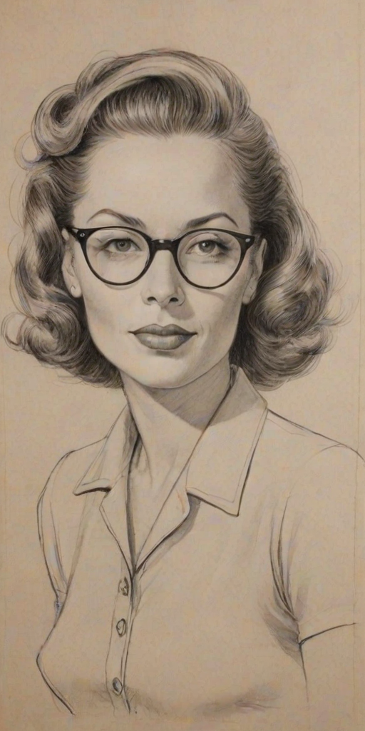 Pleasing Debra Wilson, pencil sketch, portrait of Graceful woman 1940s in glasses, hair style beatnik, outline, clear lines, fine lines, 8k