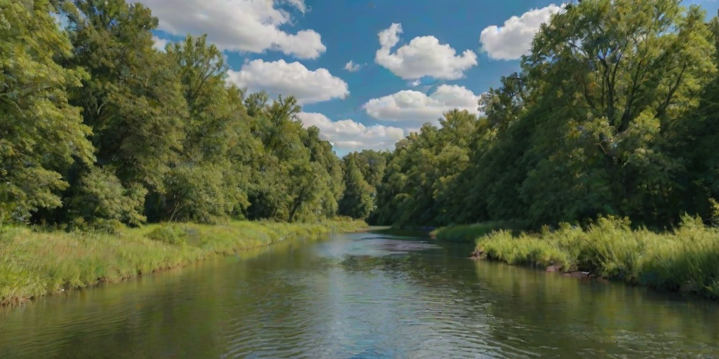 generate a serene landscape featuring a calm river surrounded by lush green trees, vibrant bushes, and a cloudy blue sky.