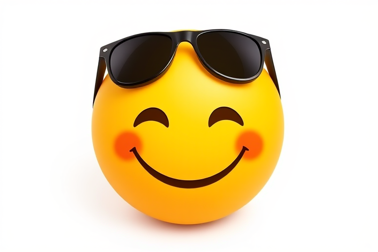 Create a high-resolution digital illustration of a smiling yellow emoji with dark sunglasses, using a soft gradient for depth, shot with a DSLR camera at f/2.8 aperture, 50mm lens, in portrait mode for a clean background, emphasizing vibrant colors and smooth shading.