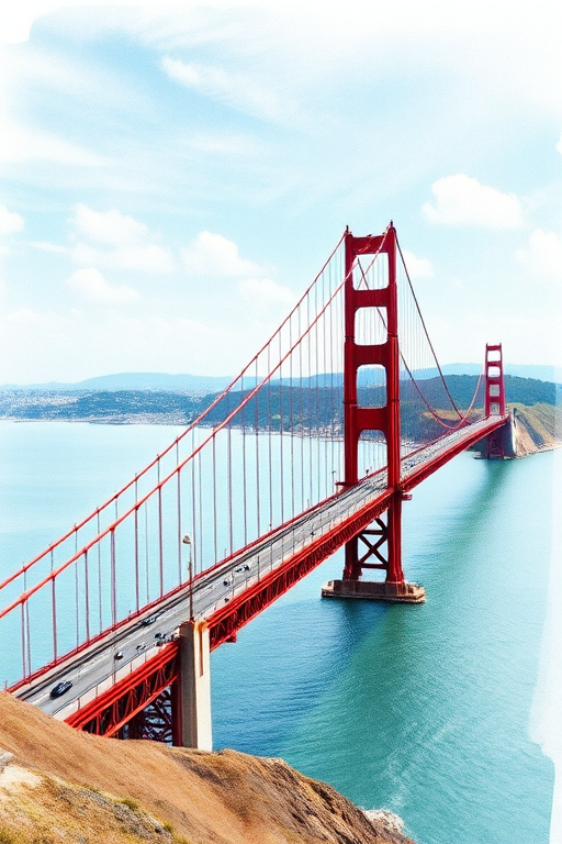 generate a high-resolution watercolor image of the Golden Gate Bridge from an elevated view, capturing the intricate details of the bridge and surrounding landscape, using a DSLR camera with a 50mm lens, aperture f/8, shutter speed 1/250s, and ISO 100 to enhance image quality.