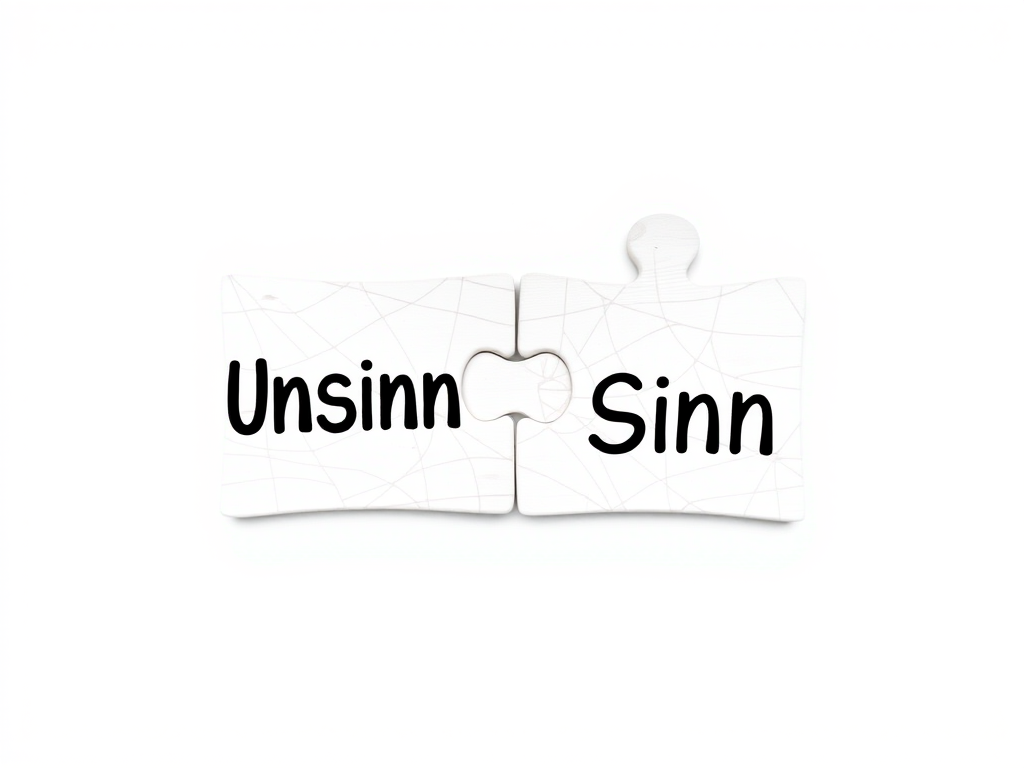 Create an image of two interlocking puzzle pieces, one labeled "Unsinn" in bold black text and the other labeled "Sinn" in black text against a white background, shot with a Canon EOS R5, 50mm lens, f/2.8 aperture, ISO 100, in soft diffused lighting to enhance clarity and detail.