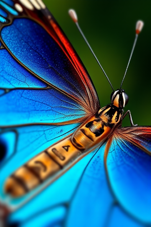 highly detailed close-up of a Morpho butterfly with vibrant blue wings, 85mm macro lens, f/8 aperture, ISO 100, natural light, shallow depth of field, focus on the wings, DSLR camera, high resolution