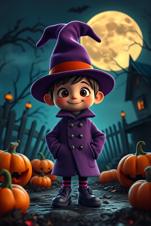 a whimsical animated character in a purple coat and hat standing in a spooky Halloween setting with pumpkins and a full moon, shot with a Canon EOS R5 at f/2.8, 1/60 sec, ISO 200, wide-angle lens, low-angle view, vibrant colors and high detail