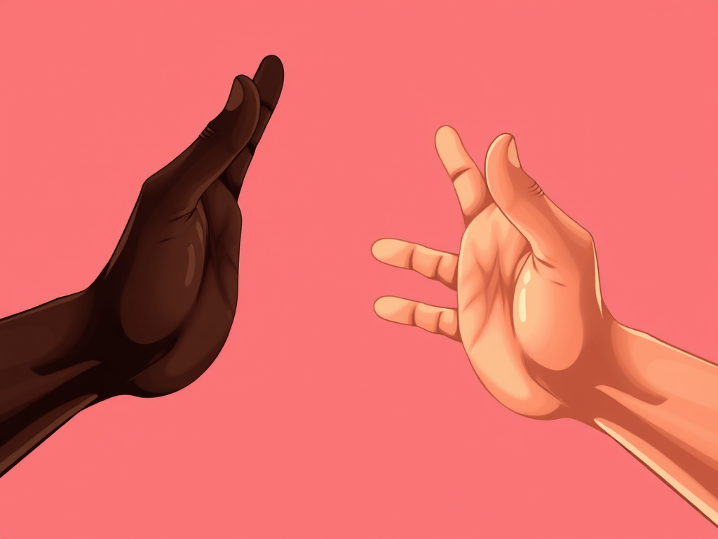 Create a vibrant digital illustration of two hands reaching toward each other, one in dark skin tone and the other in light skin tone, use a high-contrast background, set camera settings to ISO 100, aperture f/8, focal length 50mm, capture from eye level angle, use a mirrorless camera style for high detail.