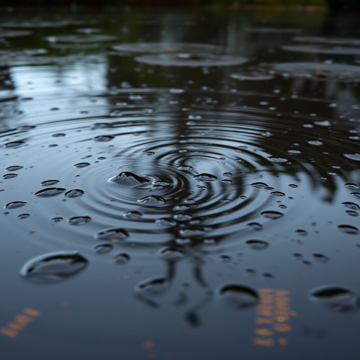 capture the surface of a rain-soaked pond reflecting ripples and droplets during a stormy evening, using a DSLR camera at f/2.8 aperture, ISO 200, shutter speed 1/50s, from a low angle perspective, with a macro lens to enhance detail and texture