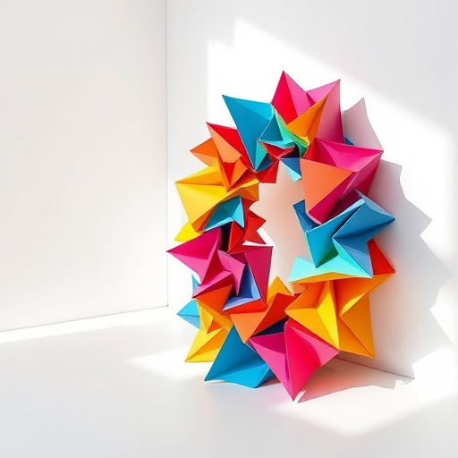 Create a vibrant abstract sculpture composed of colorful folded paper forms in a minimalist white room with soft shadows, shot with a Canon EOS R5, 50mm f/1.8 lens, ISO 100, aperture f/4, 1/125s shutter speed, using natural lighting for enhanced contrast and detail.