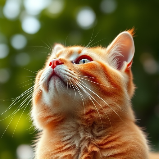 A majestic orange cat gazing upwards in soft morning light, with a shallow depth of field, captured using a DSLR camera with a 50mm f/1.8 lens, aperture set to f/2.8, ISO 100, shutter speed 1/250s, natural lighting, focusing on the cat's fur texture and serene expression, shot from a low angle to emphasize its stature against a blurred green background.