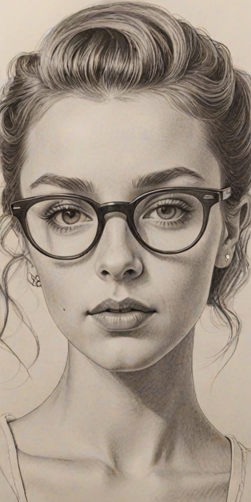 Stunning Emma Chamberlain, pencil sketch, portrait of Dazzling woman 1937s in glasses, hair style beatnik, outline, clear lines, fine lines, 8k