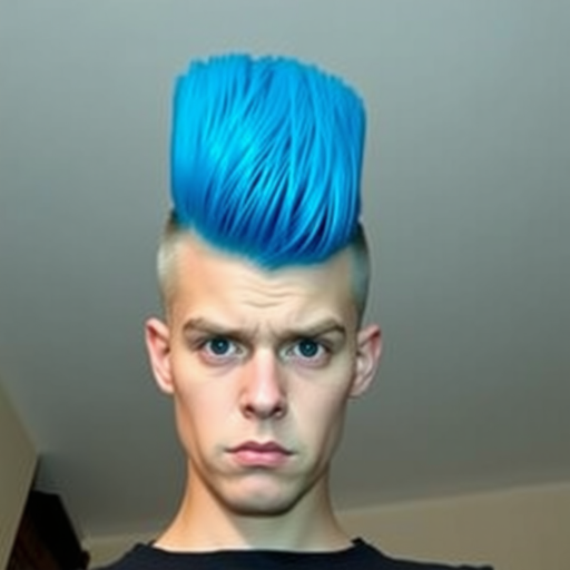 Image of a person with their hair styled upright,  in a cylinder shape. The hair  color is neon blue and appears to be held in place by a hair product, giving it a fluffy texture. The background is nondescript, and the person's face is looking at the viewer nervously.